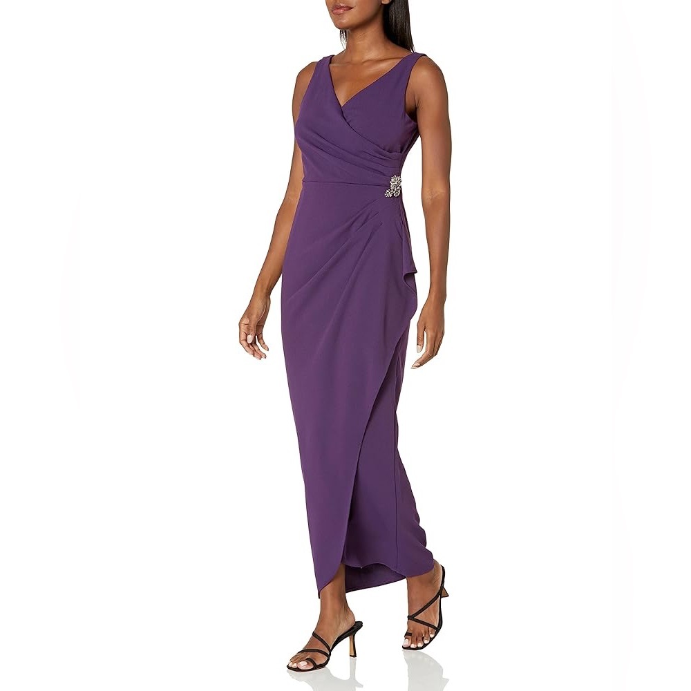 NWT Alex Evenings Slimming Embellished Side Drape Column Gown Icy Purple Size 8